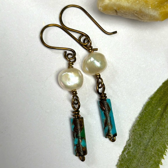 NEW Genuine freshwater pearls with imperial jasper earrings non tarnish copper - Picture 3 of 5